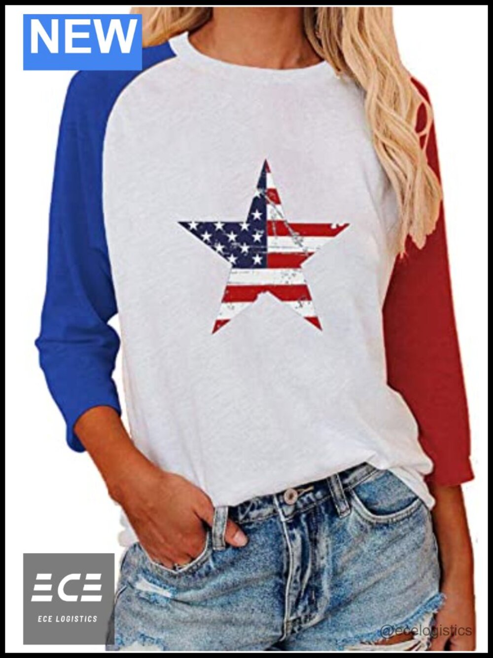 Women's 3/4 Sleeve Tunic T-Shirt Cotton Blend Crewneck American Star Tee